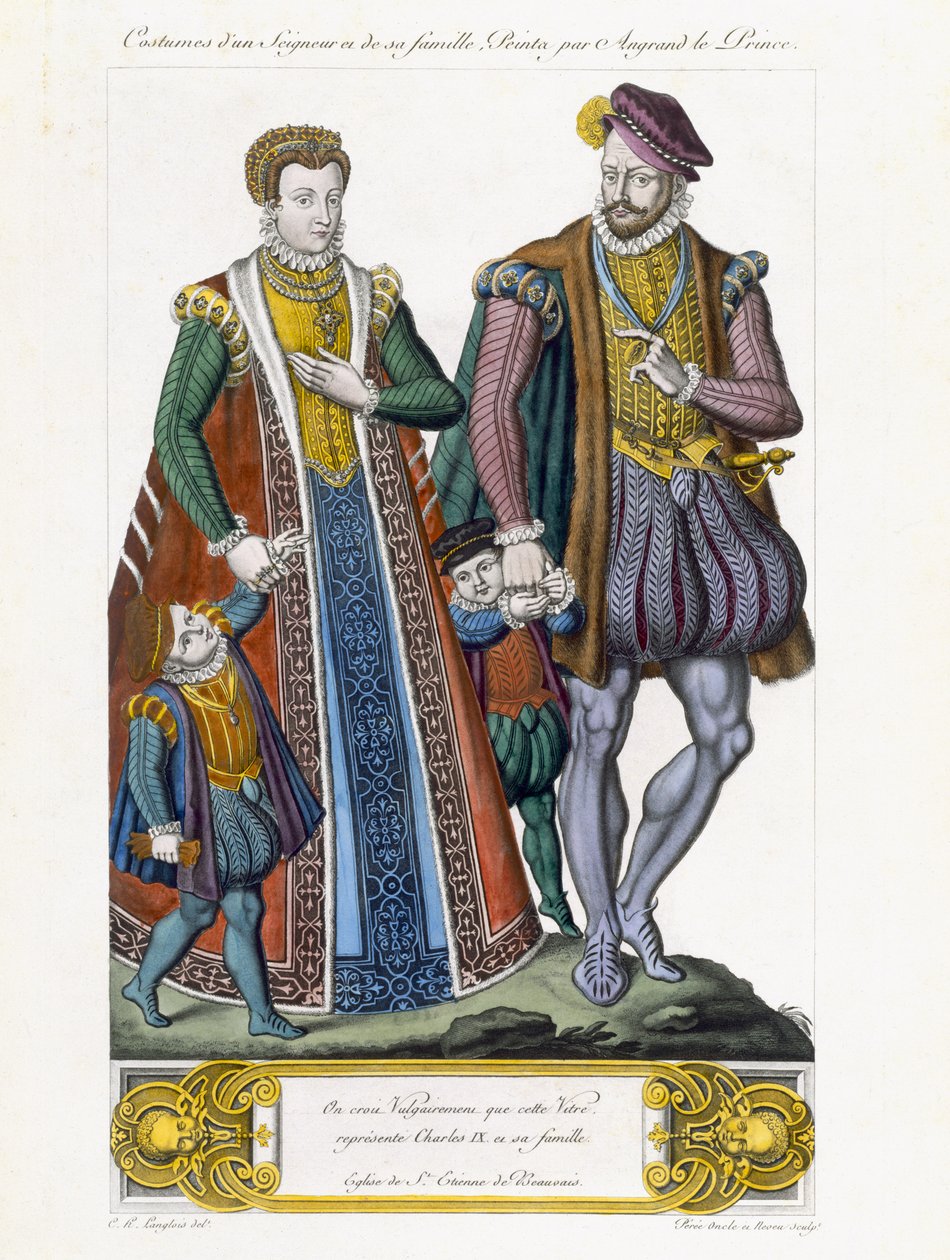 Kostýmy Seigneura a jeho rodiny, vyryté Amedee Peree od C.H. Langlois