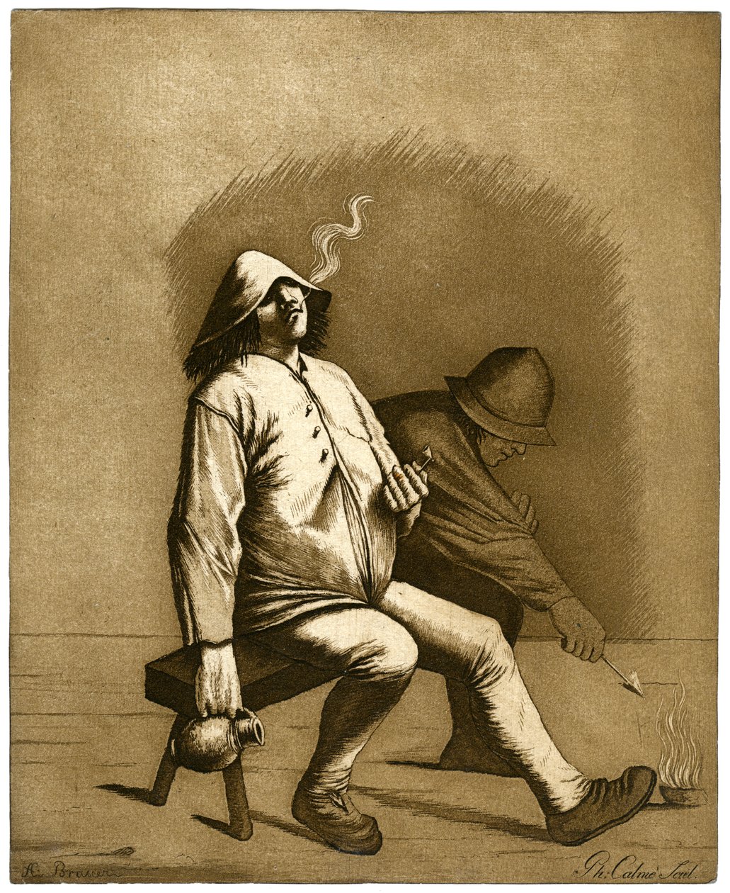Dva muži sedící na lavičce, c18. století. od Calnie