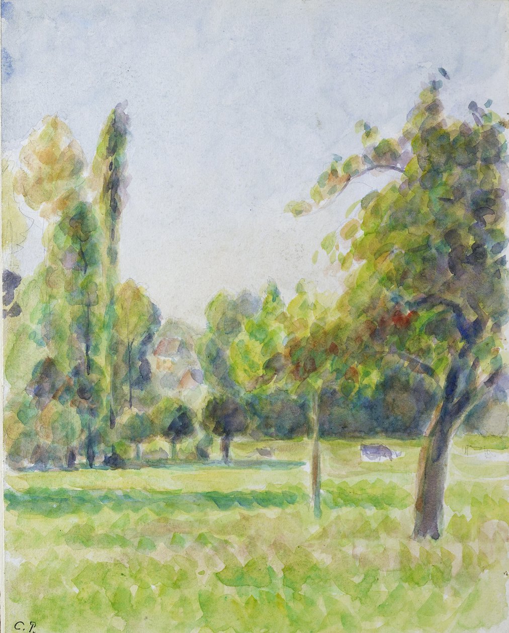 Studie sadu u umělcova domu v Eragny-sur-Epte, asi 1890 (akvarel nad tužkou) od Camille Jacob Pissarro