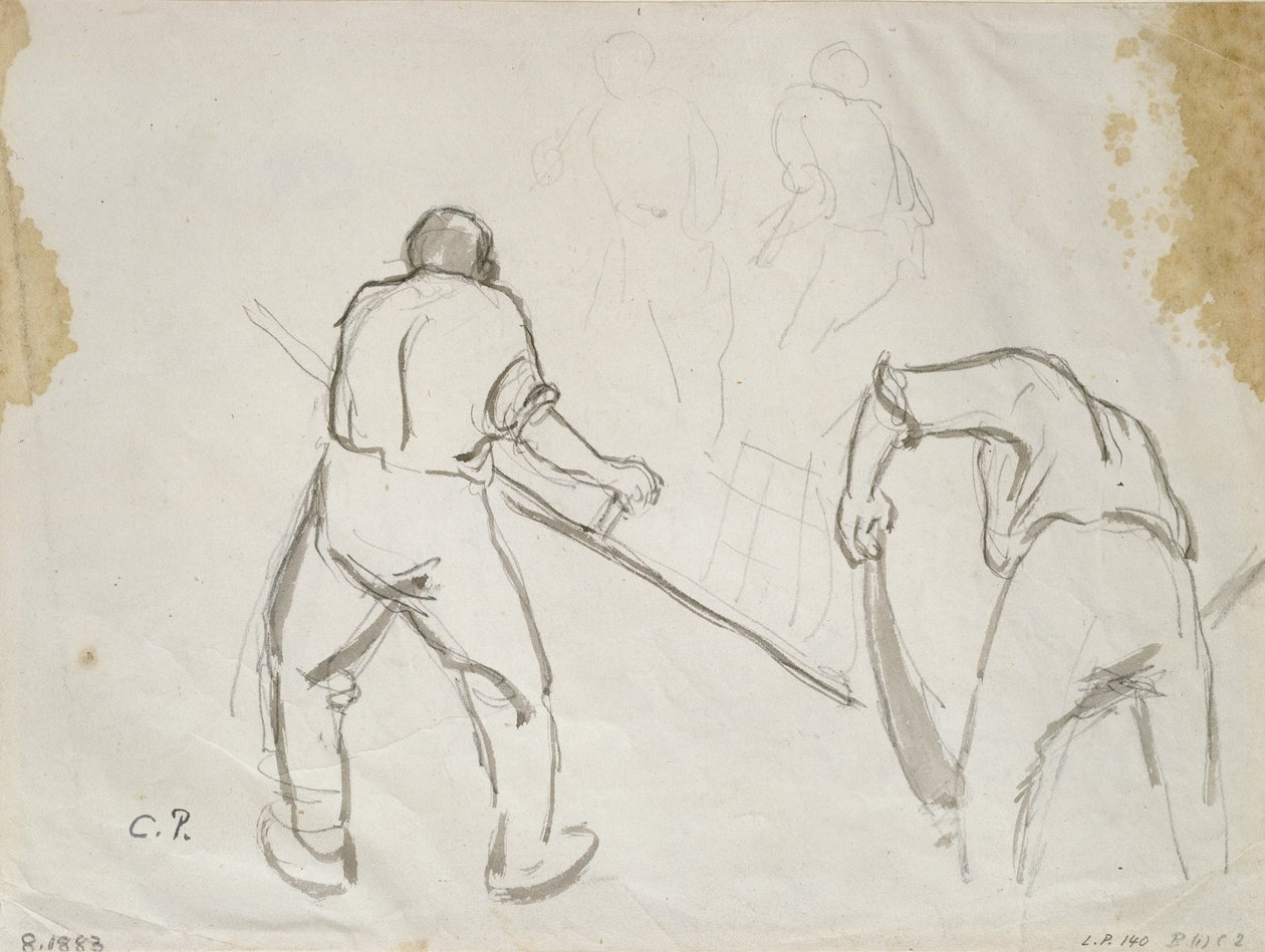Tři studie mužského kombajnu (šedá barva přes tužku na papíře) od Camille Jacob Pissarro
