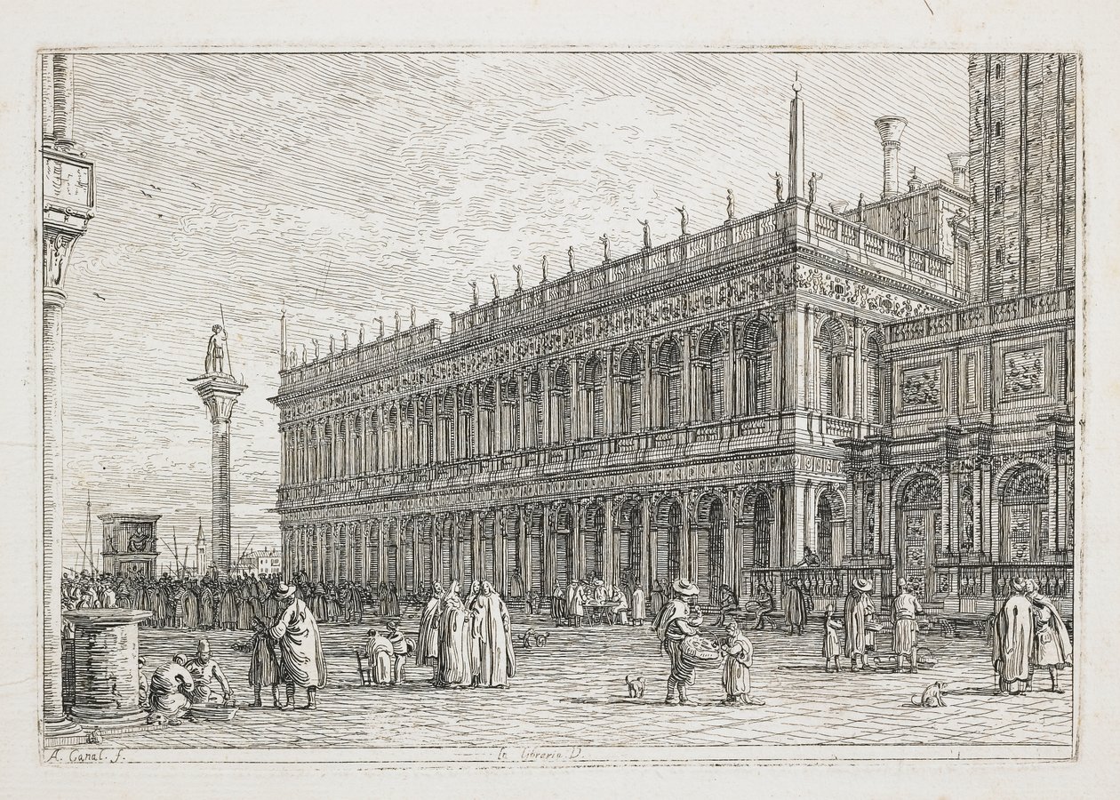 Knihovna, deska z Vedute, další lisy z loughi, jiné navržené, 1740-1745 od Giovanni Antonio Canal