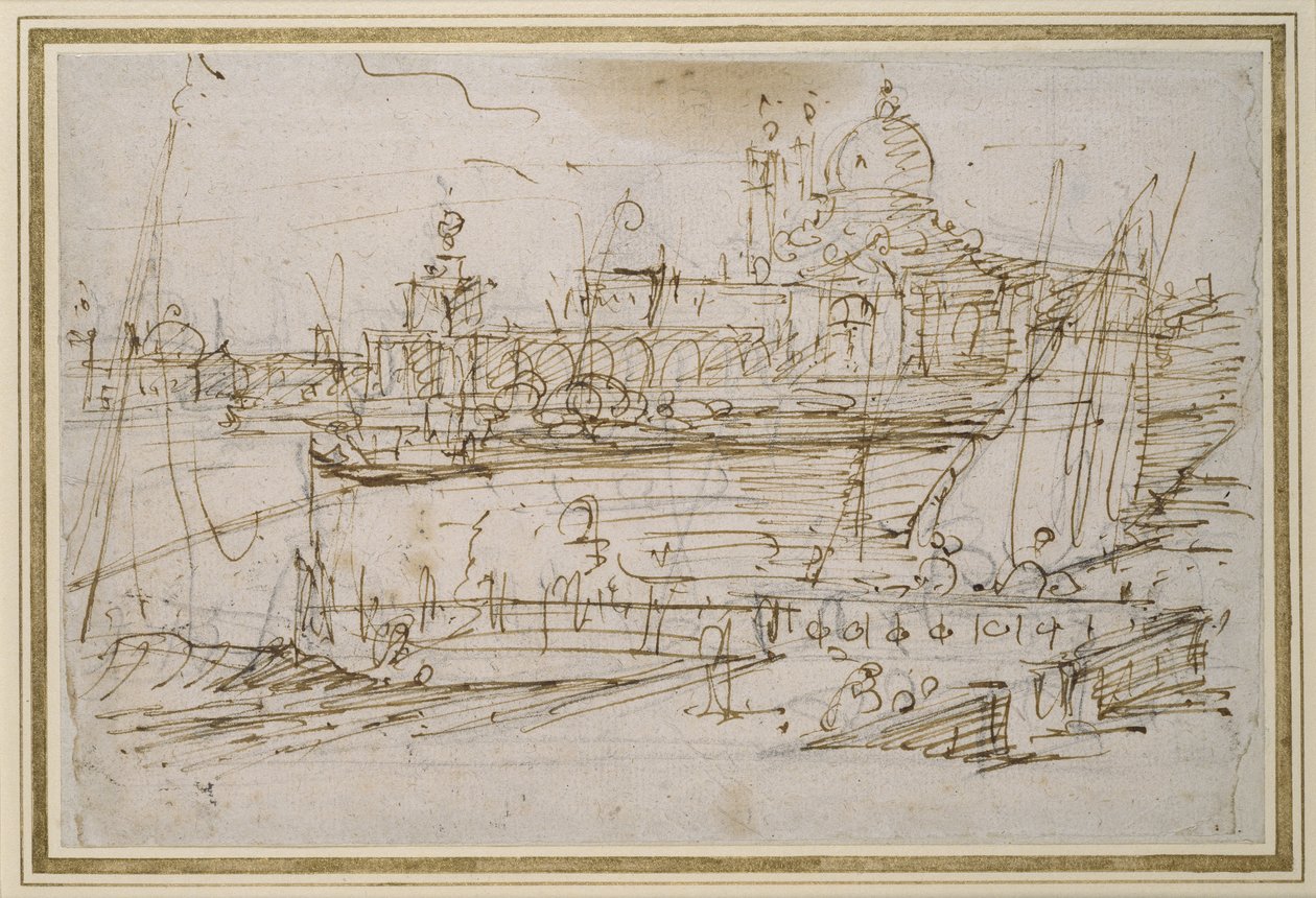 Benátky: Maria della Salute z Molo di Terranova (pero a hnědá tuš na černé křídě) od Giovanni Antonio Canal