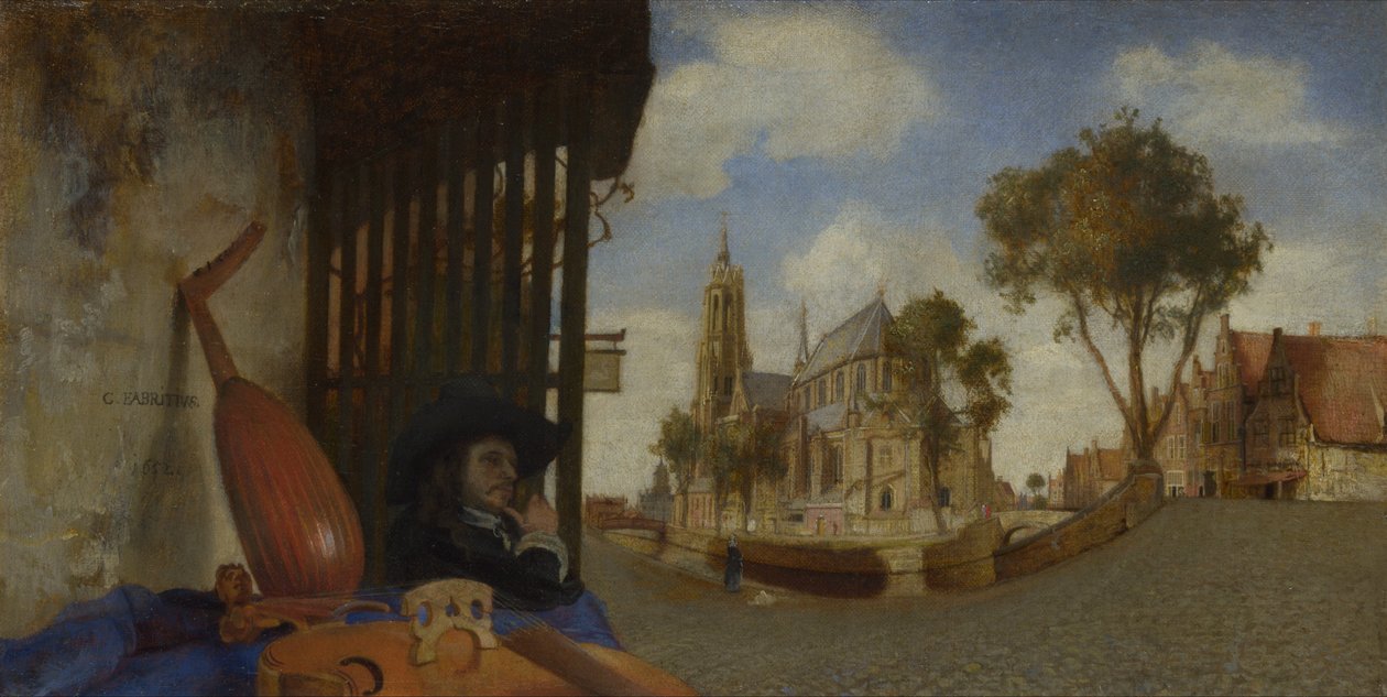 Pohled na Delft se stánkem prodejce hudebních nástrojů od Carel Fabritius