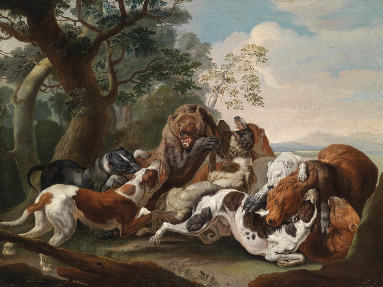 Lov na medvěda, olej na plátně, 69 x 92 cm od Carl Borromaus Andreas Ruthart