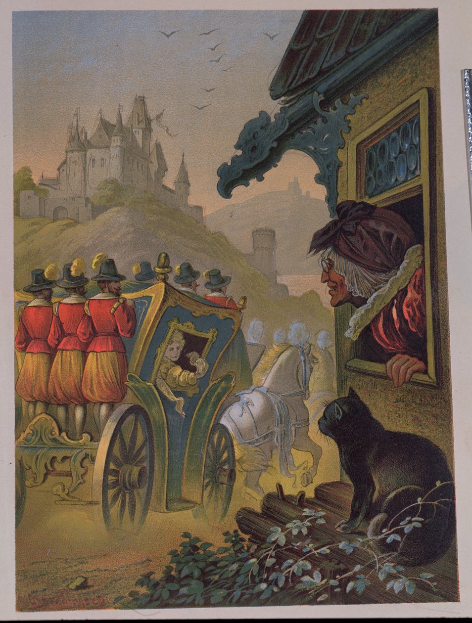 Popelka odjíždějící na ples v kočáře, ilustrace k „Popelce“ od Charlese Perraulta (1628-1703) (barevná rytina) od Carl Offterdinger