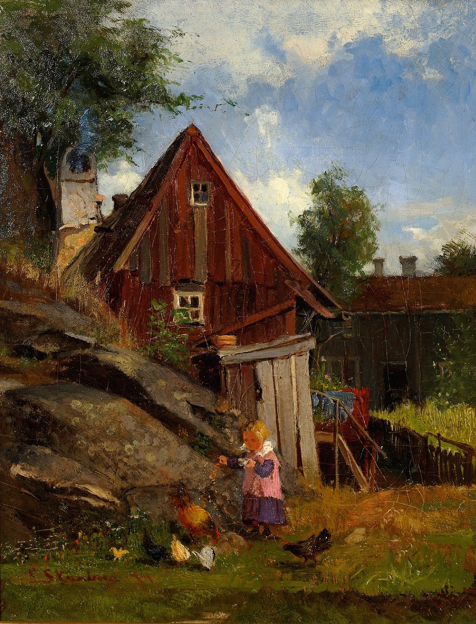 Dívka krmí kuřata od Carl Skånberg