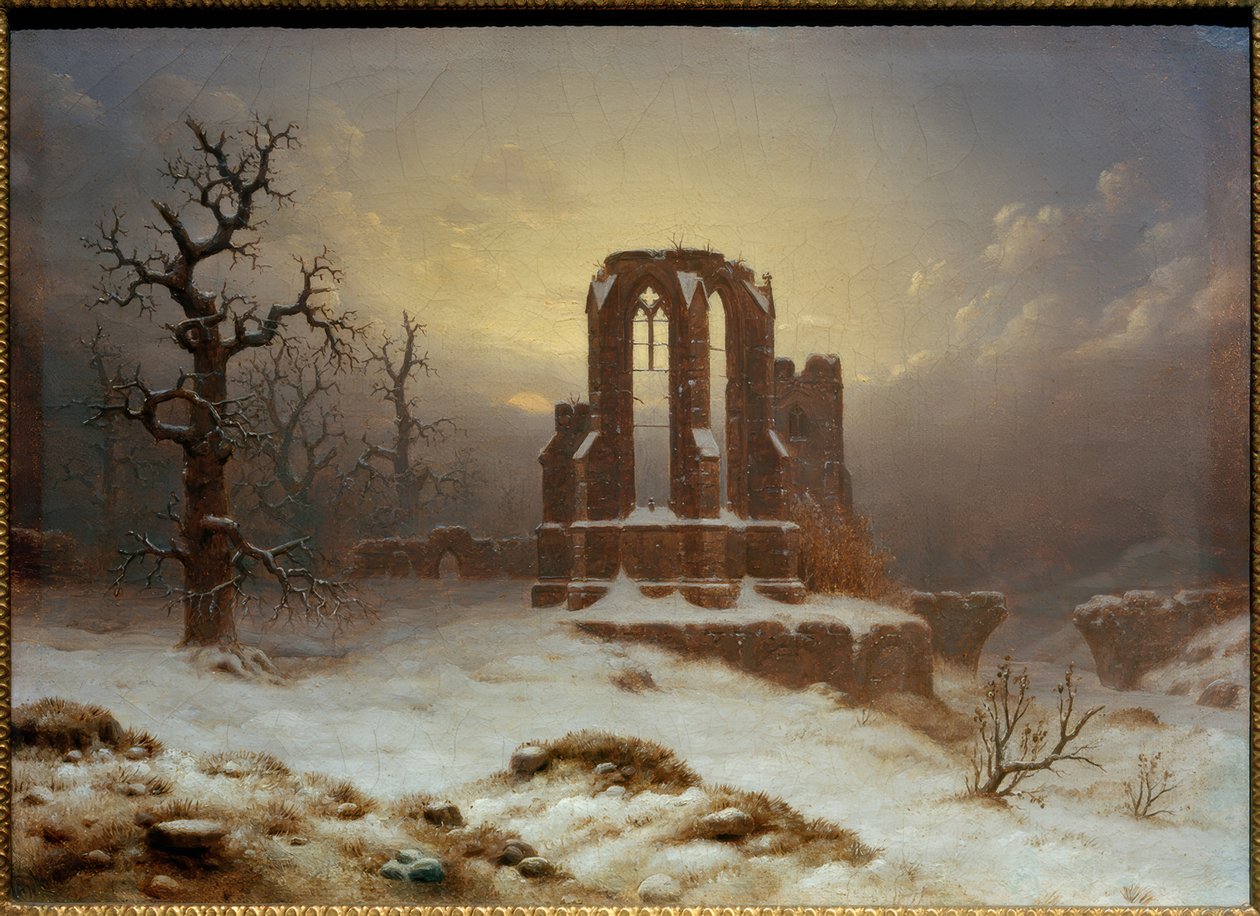 Zřícenina kostela ve sněhu od Carl Georg Adolph Hasenpflug
