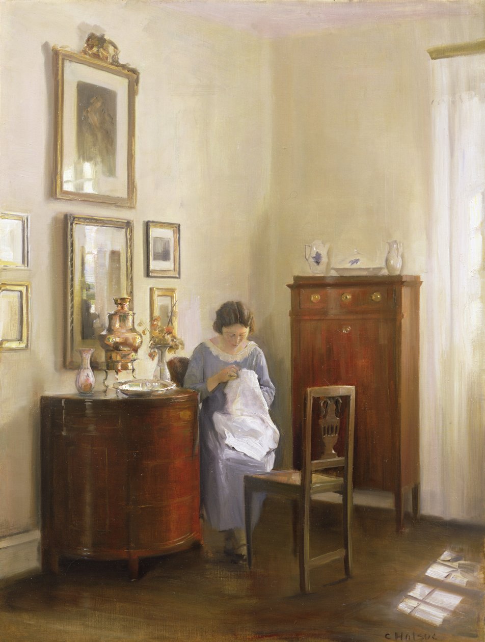 Interiér s Lady Sewing, kolem roku 1910 od Carl Holsoe