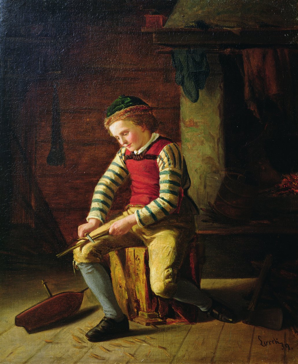 Chlapec dělá dřevěnou loď od Carl Julius Lorck