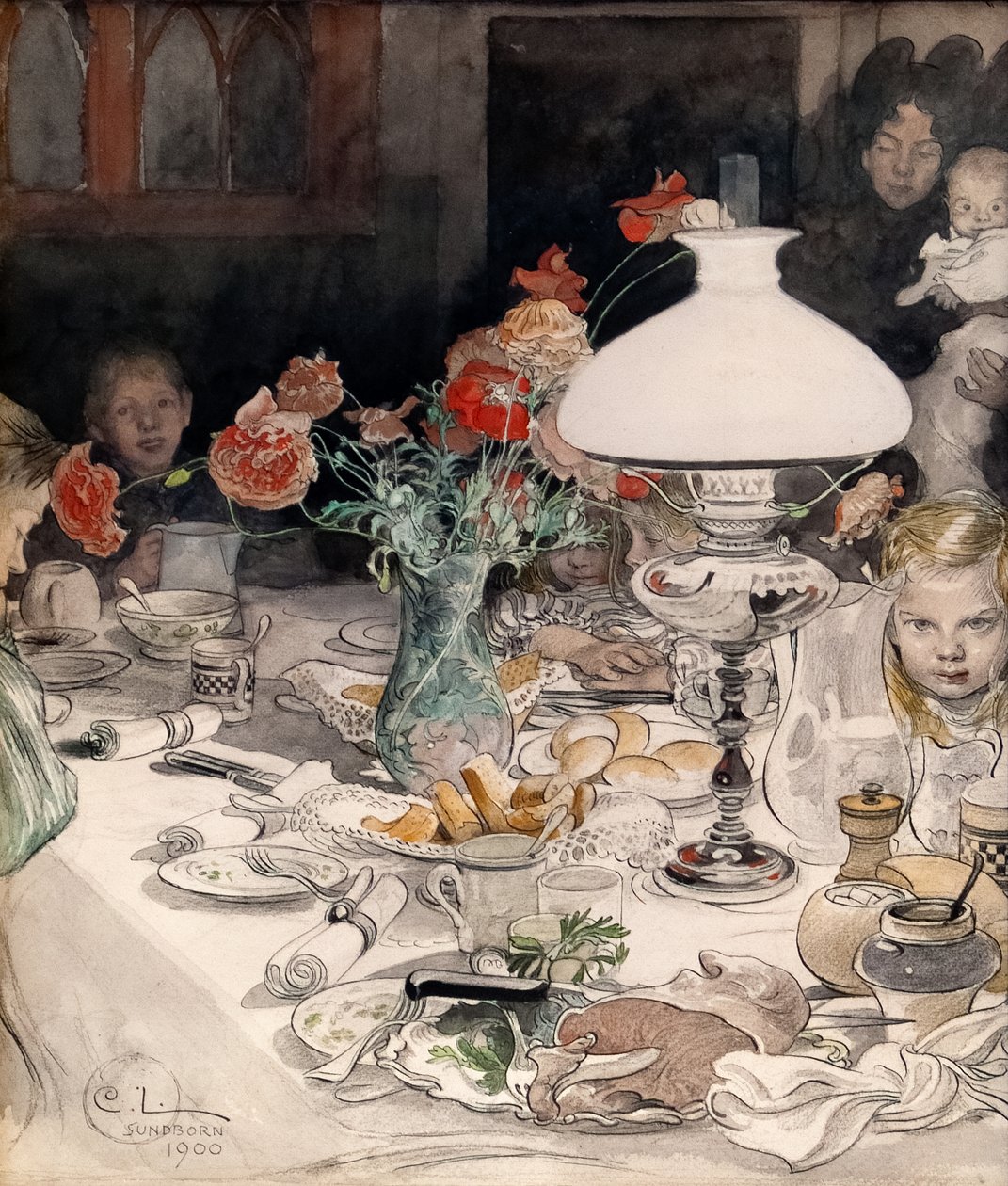 Kolem večerní lampy od Carl Larsson