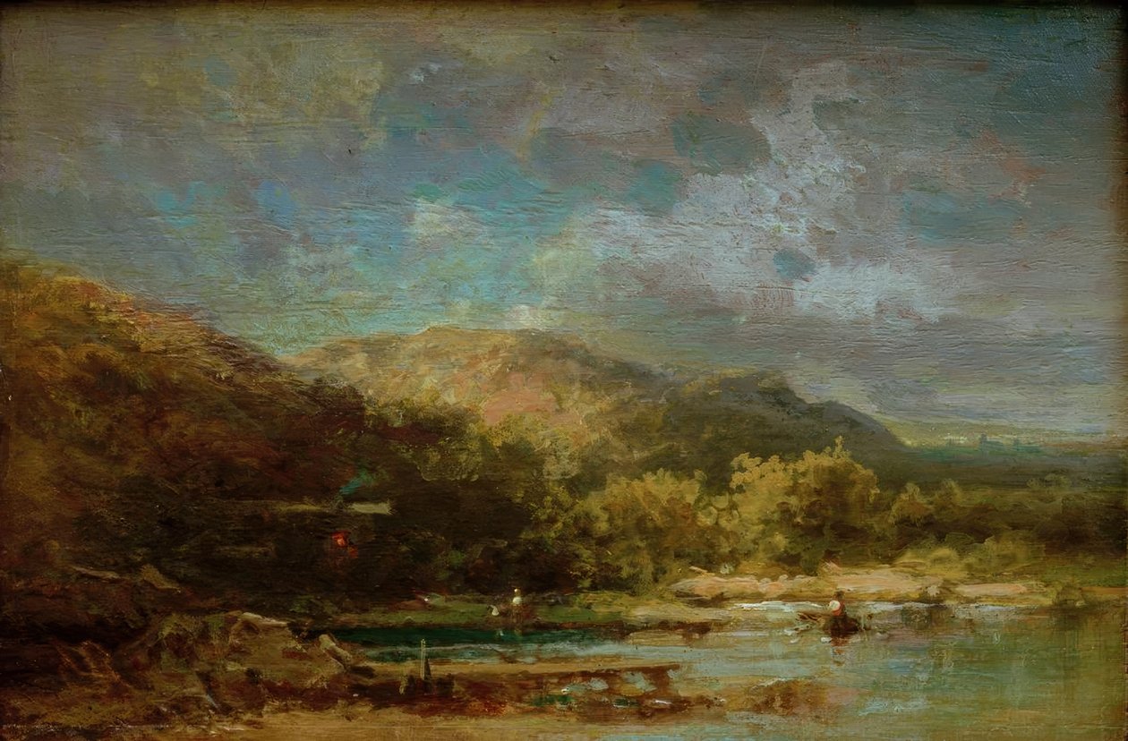 Chata u jezera s postavami od Carl Spitzweg