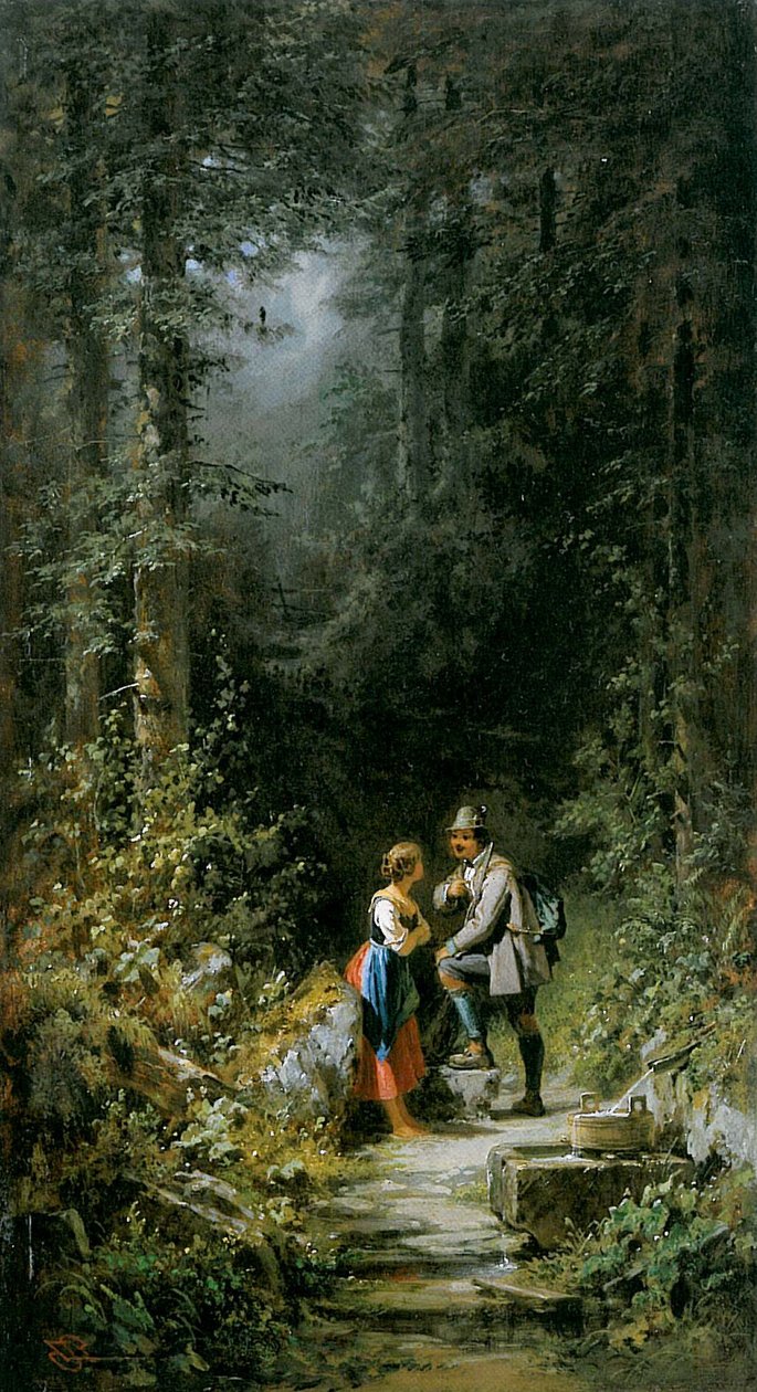 Lovec a dojička u lesní studny od Carl Spitzweg