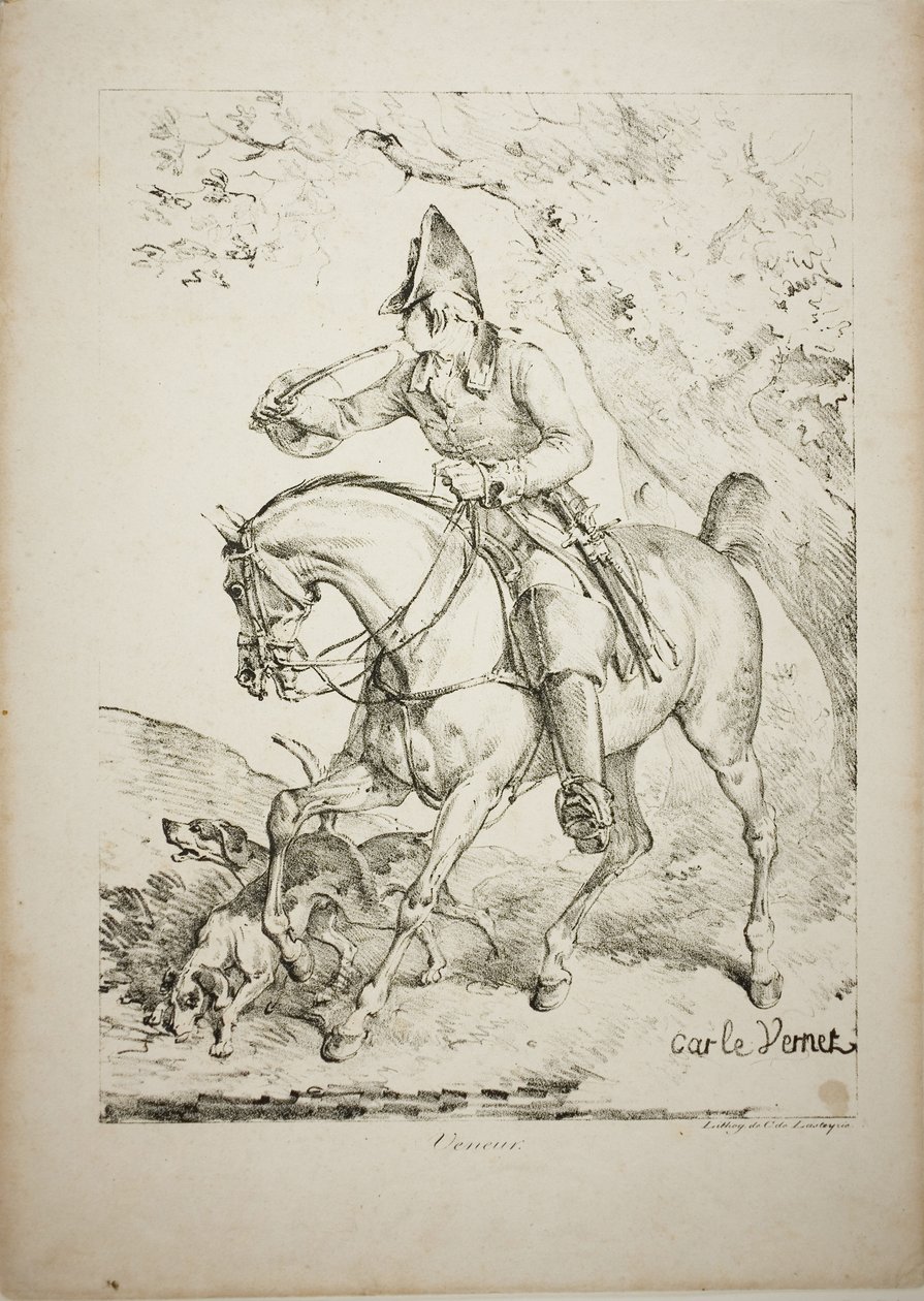 Jízdní lovec troubí na roh od Carle Vernet