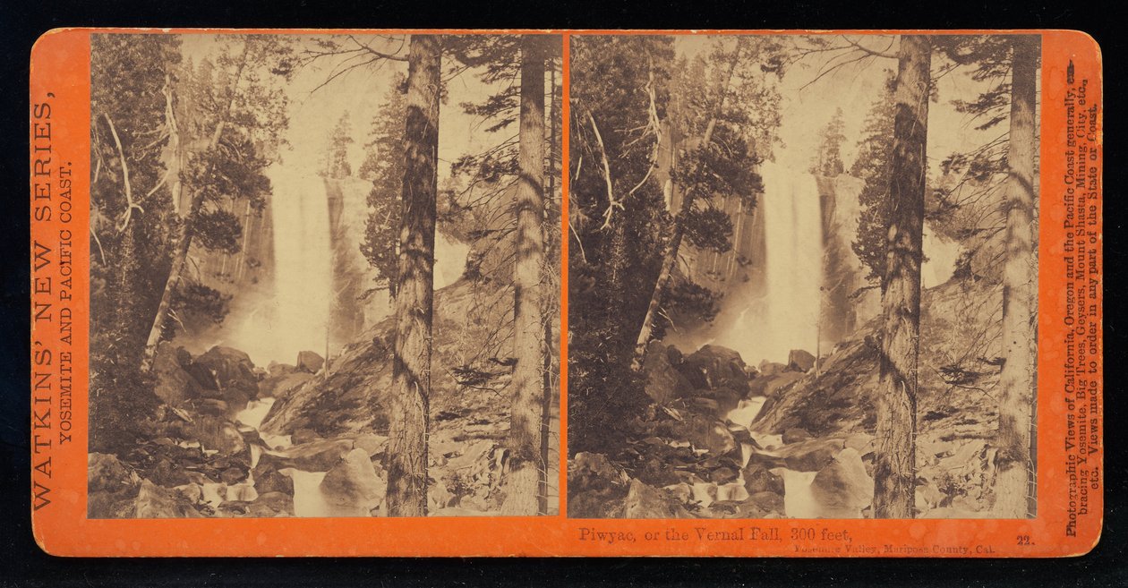 Pic, of the Vernal Fall at low water, 300 feet, Yosemite Valley, Mariposa County, Cal. od Carleton E. Watkins