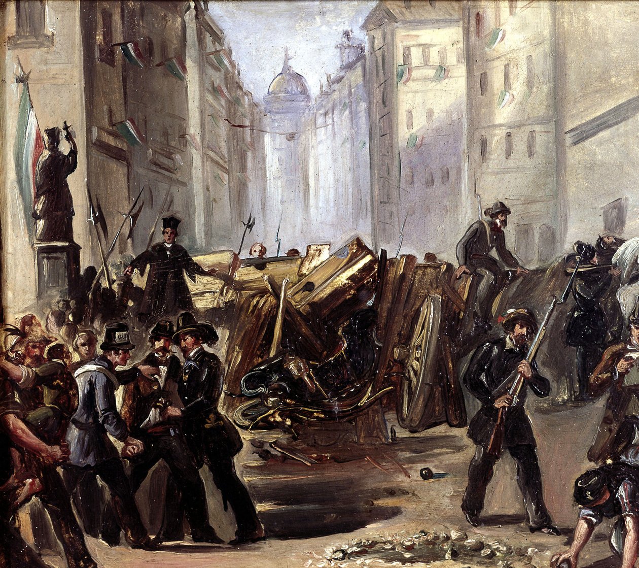 Pouliční bitva a barikáda v Římě v době Risorgimento, 1870 od Carlo Ademollo