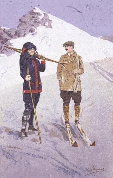 Lyžaři v Adelboden (barevné lito) od Carlo Pellegrini