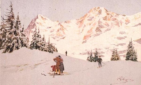 Snowscene ve Wengenu (barevné lito) od Carlo Pellegrini