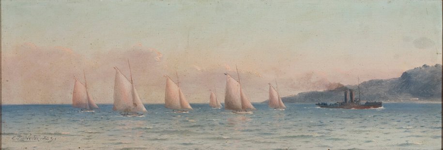 Seascape with Sailing Competition and a TowboatnPortugues: Navy with Sail Regatta and Towboat od Carlos Balliester