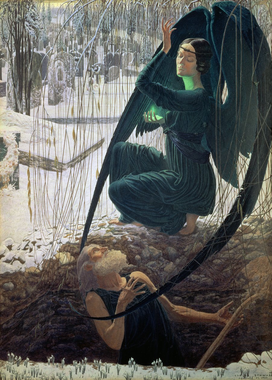 The Death and the Gravedigger, 1900 (kvaš, akvarel a tužka) od Carlos Schwabe