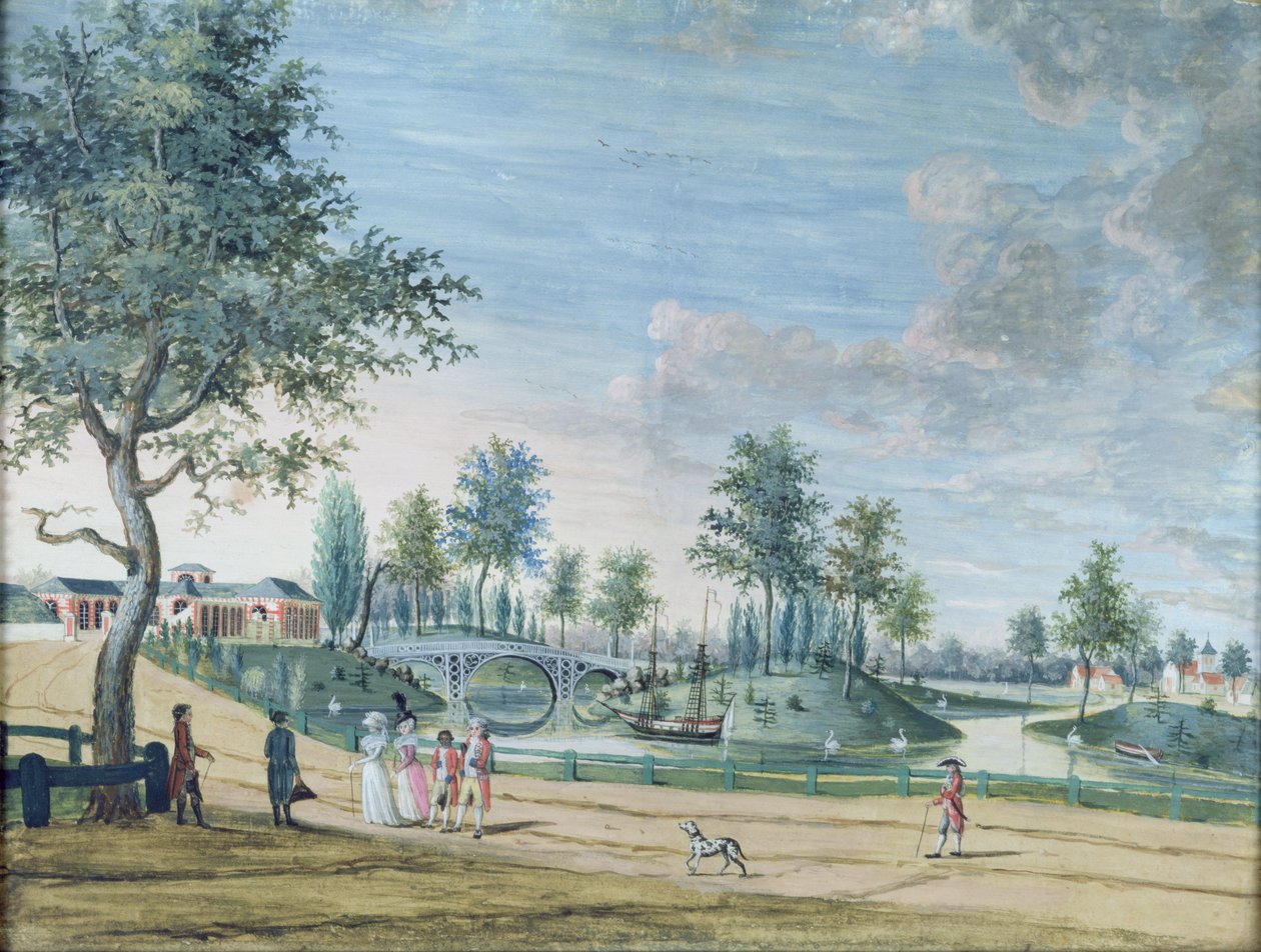 Železniční most, Parc du Raincy (vévoda a vévodkyně z Chartres na cestě do Oranžerie) od Louis Carrogis dit Carmontelle