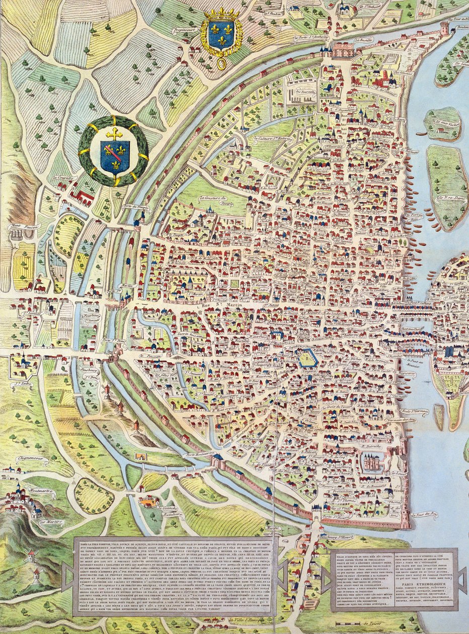 Detail pravého břehu, z mapy Paříže c. 1540, známý jako Plan de la Tapisserie, vyrobený jako gobelín c. 1570, 1818 barevná rytina od Caroline Naudet