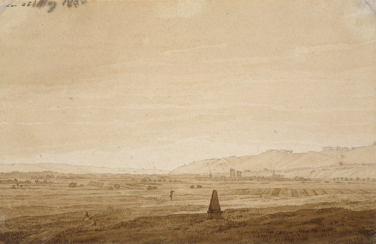 Krajina s obeliskem, 1803 (špička štětce hnědým inkoustem a sépií na špinavě bílém papíře) od Caspar David Friedrich