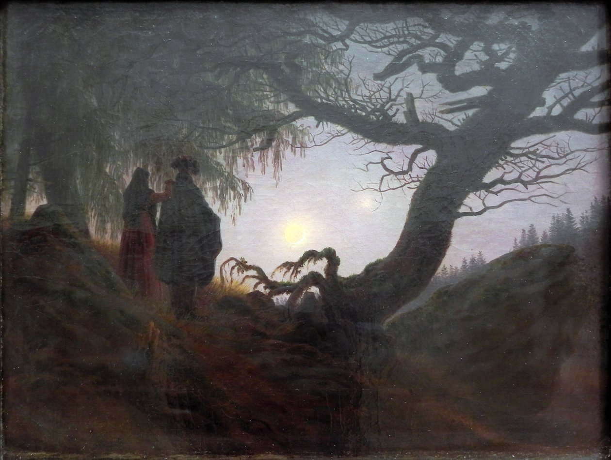 Muž a žena uvažující o měsíci od Caspar David Friedrich
