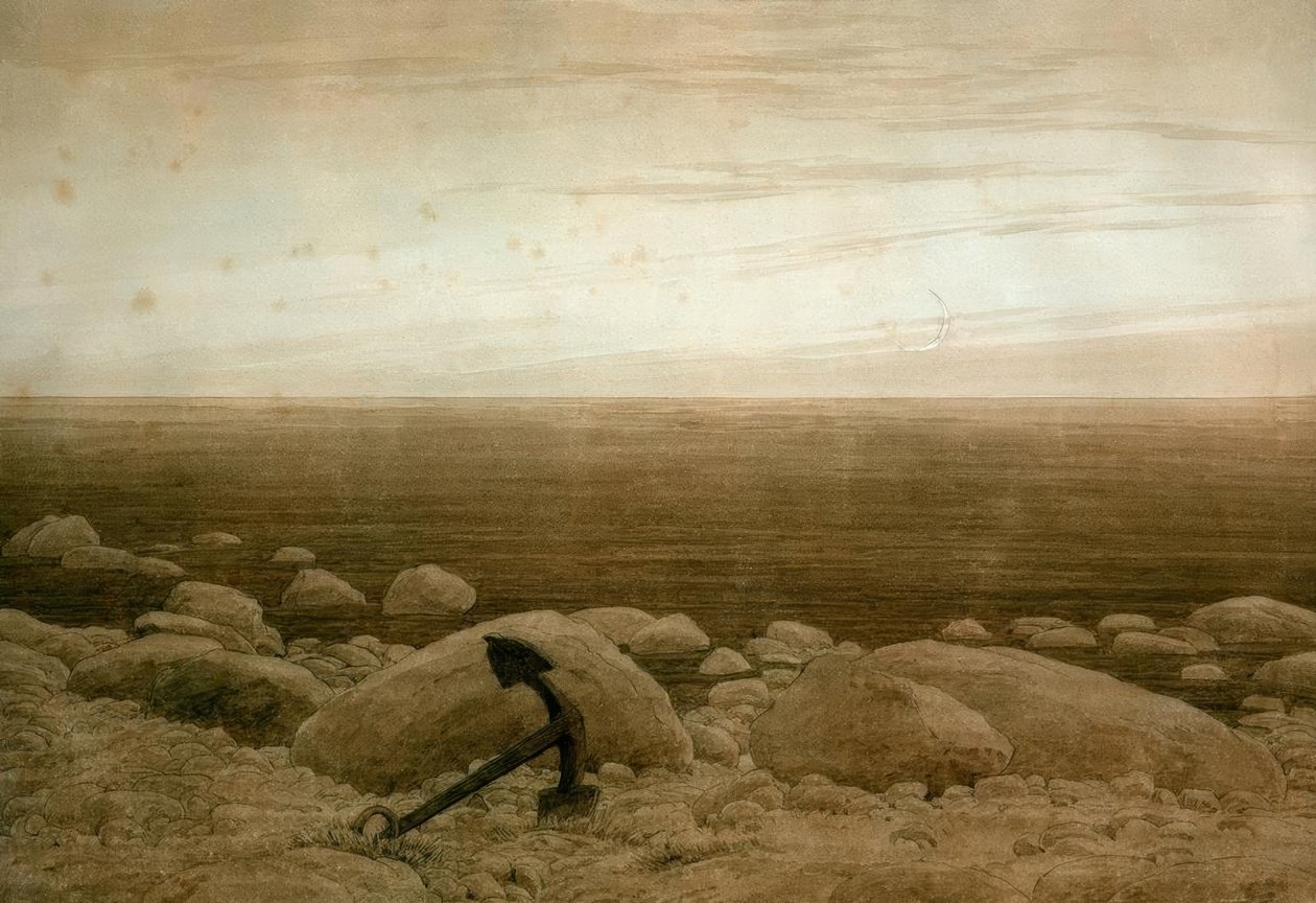 Kamenitá pláž s kotvou a půlměsícem od Caspar David Friedrich