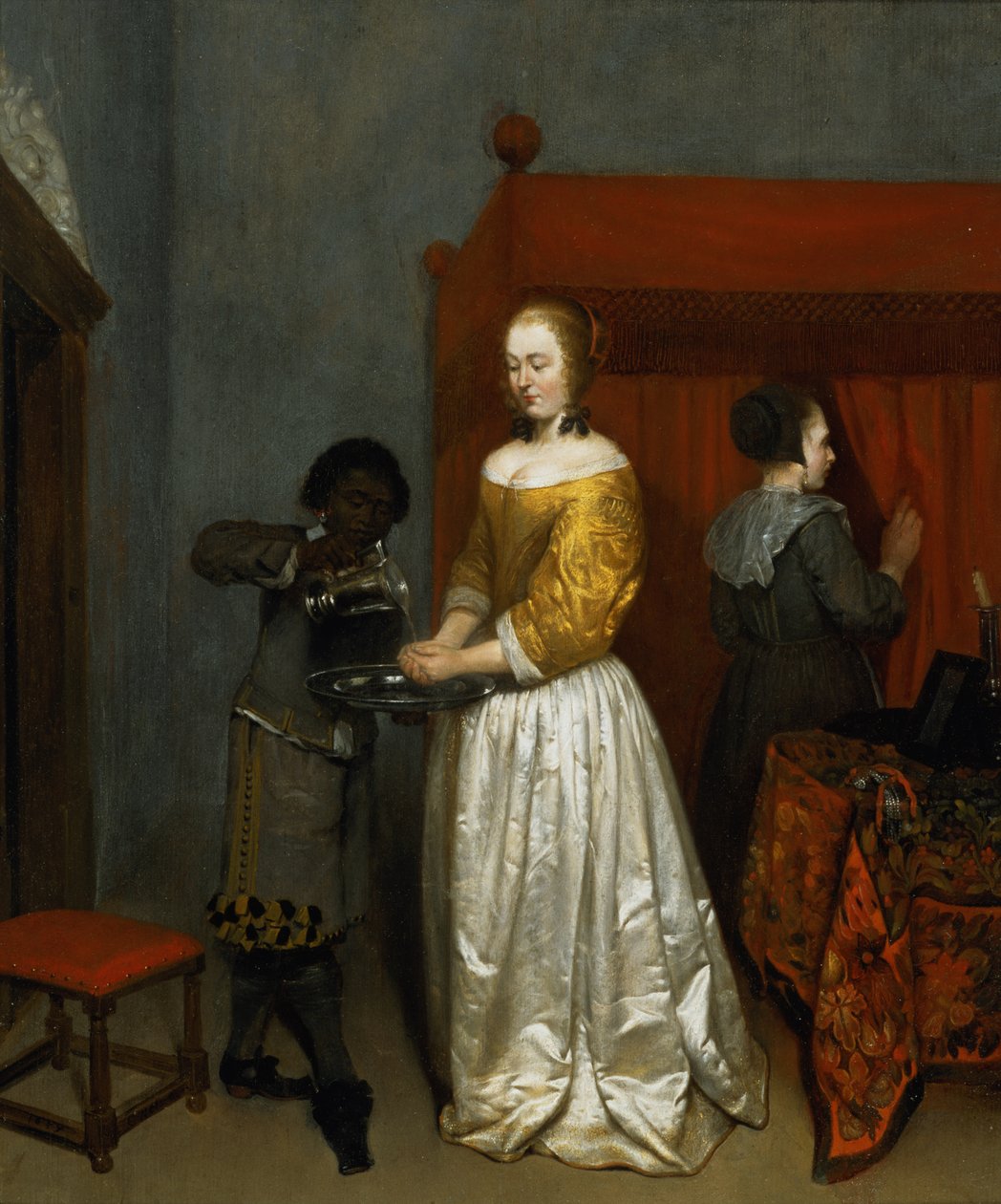 Dáma myjící si ruce, 1657 (panel) od Caspar Netscher