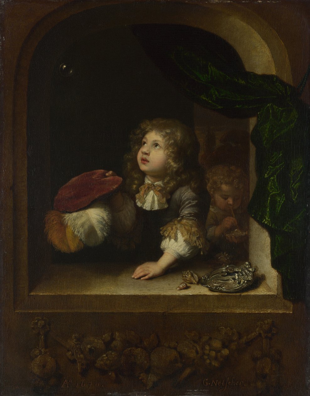 Dva chlapci foukající bubliny, c. 1670 od Caspar Netscher