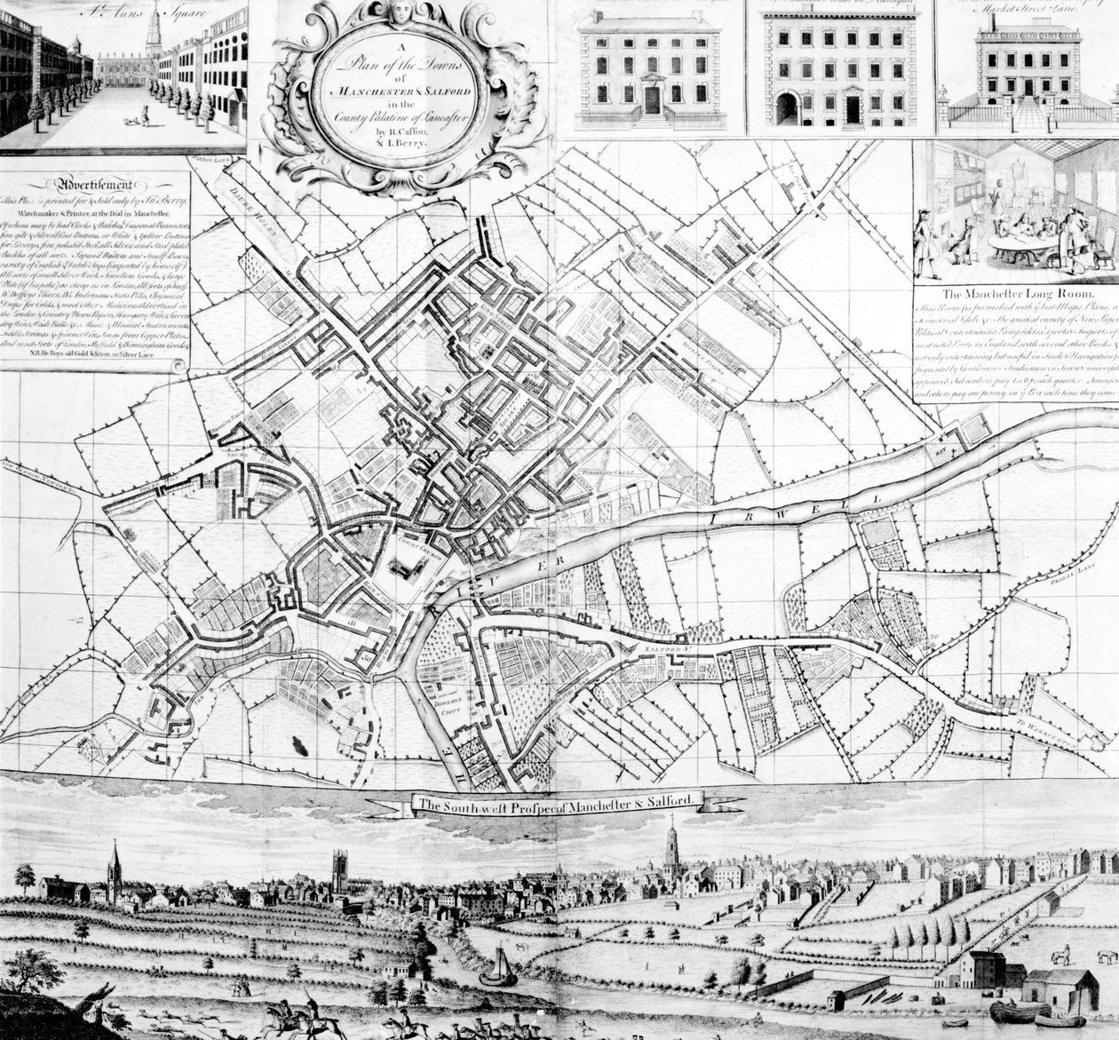 Mapa Manchesteru, 1751 od Casson and Berry
