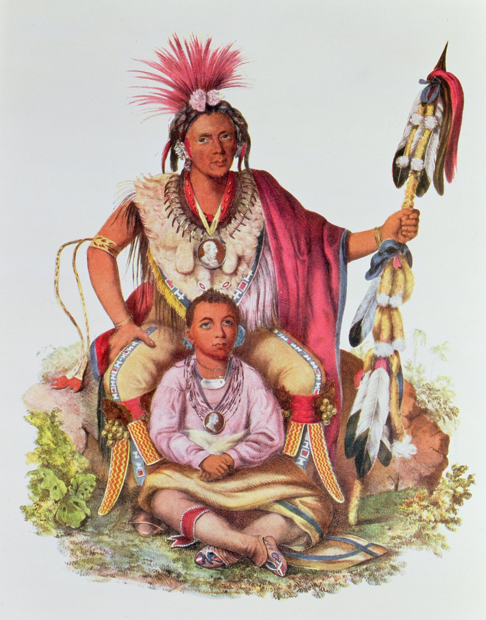 Keokuk neboli „Watchful Fox“, náčelník Sauků a lišek, a jeho syn, Musewont nebo „Long-haired Fox“, kolem roku 1837, ilustrace z „The Indian Tribes of North America, Vol.2“, od Thomase L. McKenney a Jam od Charles Bird King