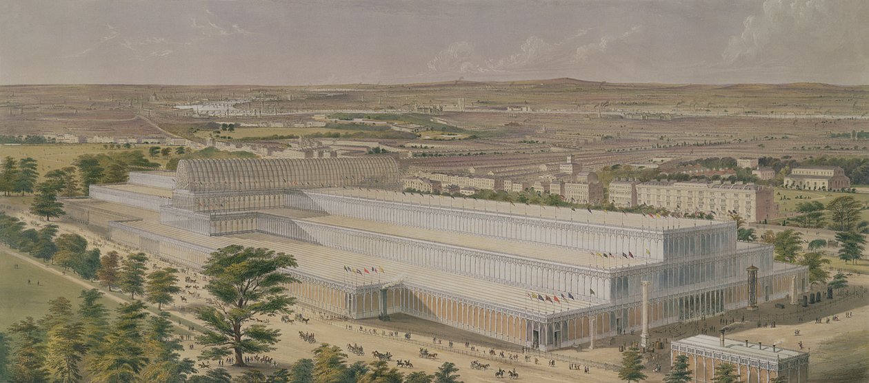 Letecký pohled na Průmyslový palác všech národů z Kensingtonských zahrad, rytina autora, pub. 1851 od Charles Burton