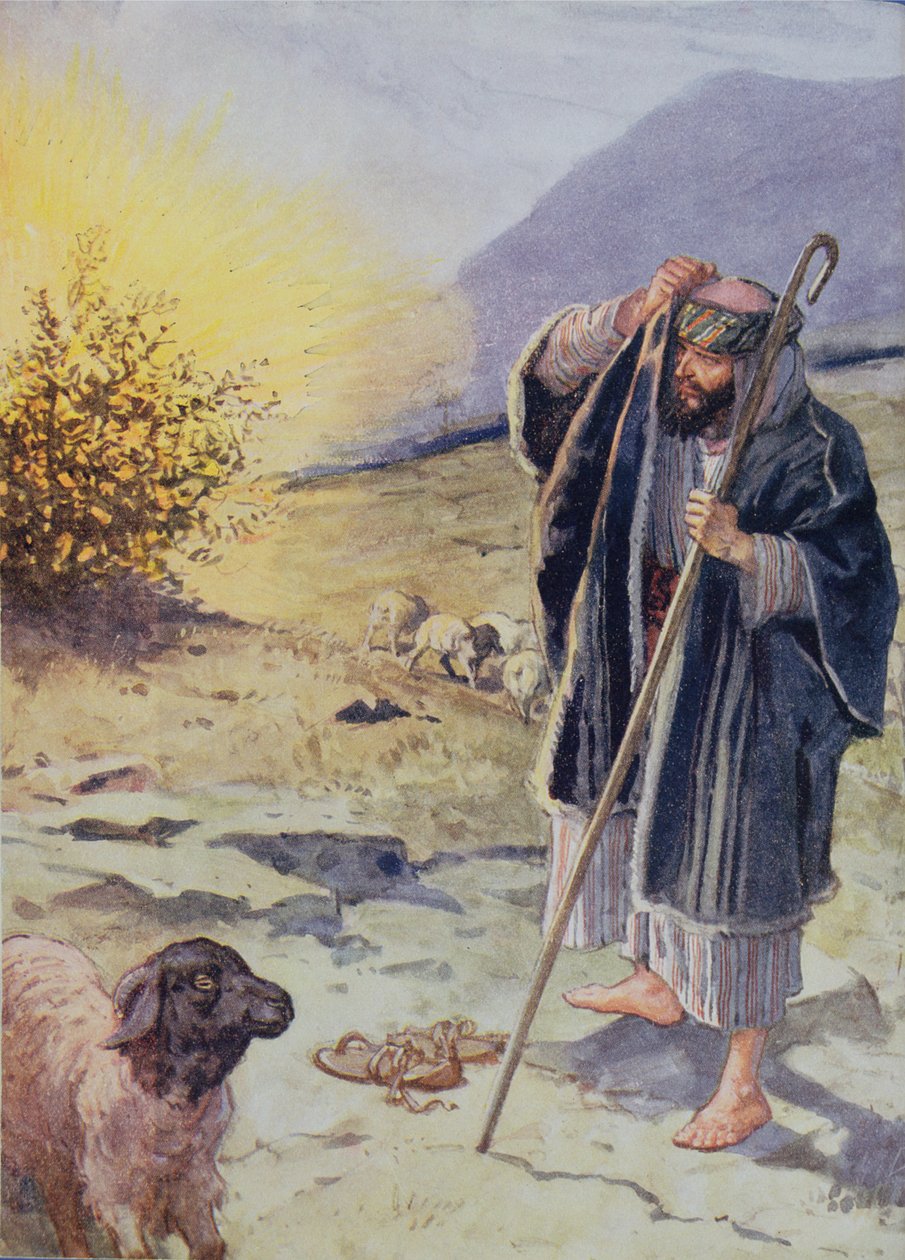 „Strach rostl v Mojžíšově srdci“, ilustrace z „Through the Bible“, Venture Publishing, 1928 od Charles Edmund Brock