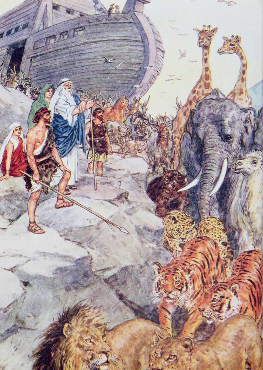 „Jehova řekl Noemovi, aby sestoupil z archy“, ilustrace z „Through the Bible“, Virtue Publishing, 1928 od Charles Edmund Brock