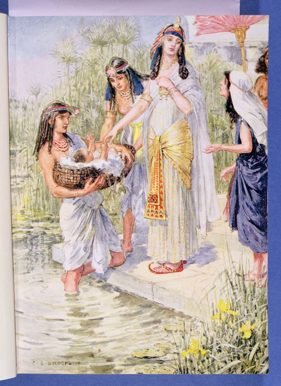 „Miriam se odvážila přijít blíž“, ilustrace z „Through the Bible“, Venture Publishing, 1928 od Charles Edmund Brock