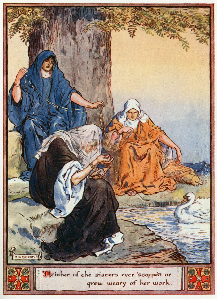 „Ani jedna ze sester se nikdy nezastavila ani se jí neunavila práce“, ilustrace z „Hrdinové z Asgardu, příběhy ze skandinávské mytologie“, od A und E Keary, 1930 od Charles Edmund Brock