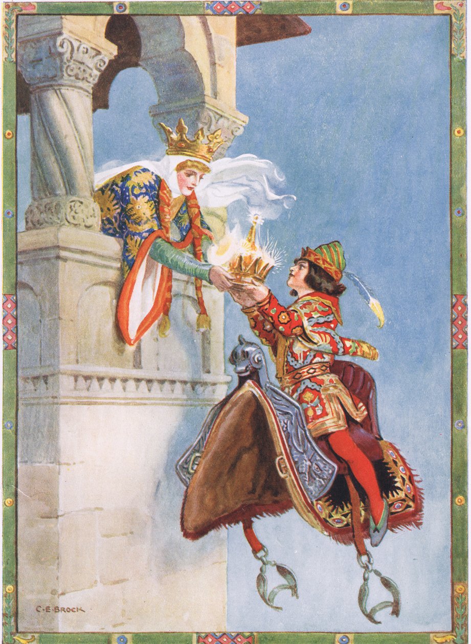 Viděla tu korunu a prosila ho, aby jí ji dal, scéna z „Rytíře květin“ v „Příběhy dětí z rumunských legend“ od Mosese Gastera (1856-1939) 1921 od Charles Edmund Brock