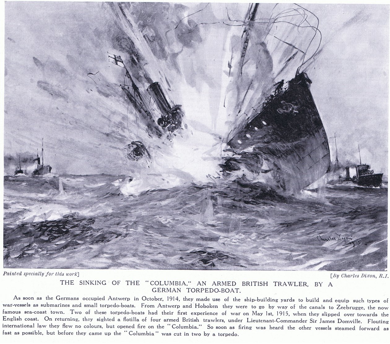 Potopení ozbrojeného britského trauleru Columbia německým torpédovým člunem na anglickém pobřeží v říjnu 1914 od Charles Edward Dixon