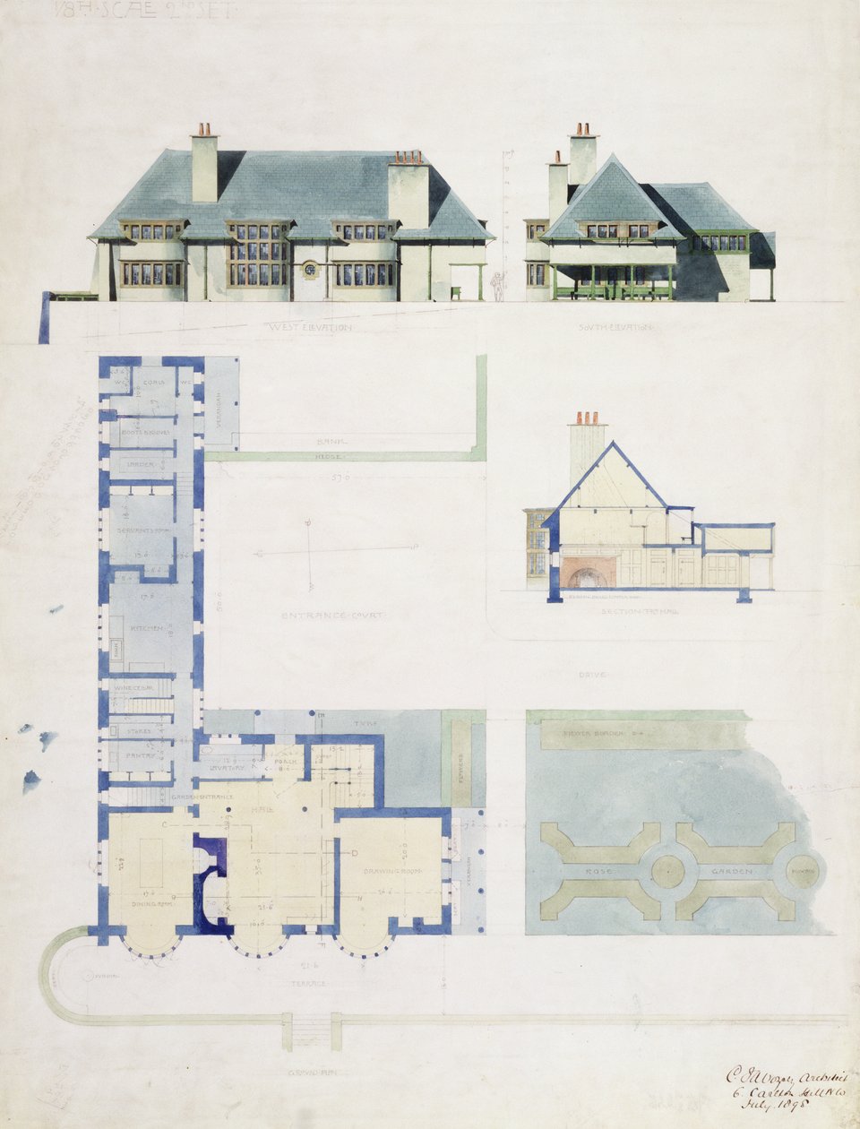 Navrhovaný design pro Broad Leys, Windermere, pro Arthur Currer Briggs Esq., 1898, (wc a tužka na papíře) od Charles Francis Annesley Voysey