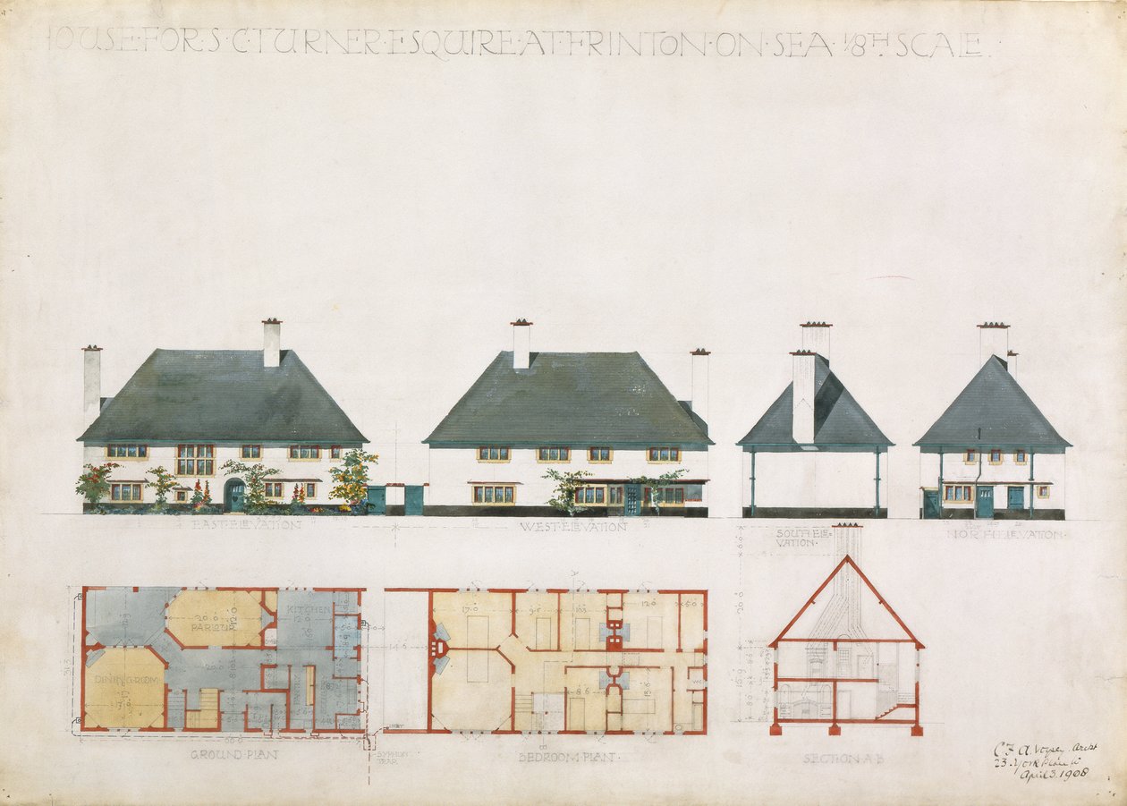 Navrhovaný dům pro C. Turner Esq. ve Frinton on Sea, 1908 (wc a tužka na papíře) od Charles Francis Annesley Voysey