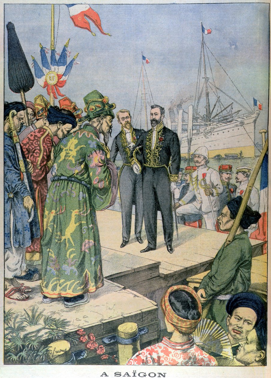 Příjezd do Saigonu Paul Beau (1857-1927), generální guvernér Indo-Číny 1902-07, z „Le Petit Journal“, listopad 1902 (barevná rytina) od Charles Georges Dufresne