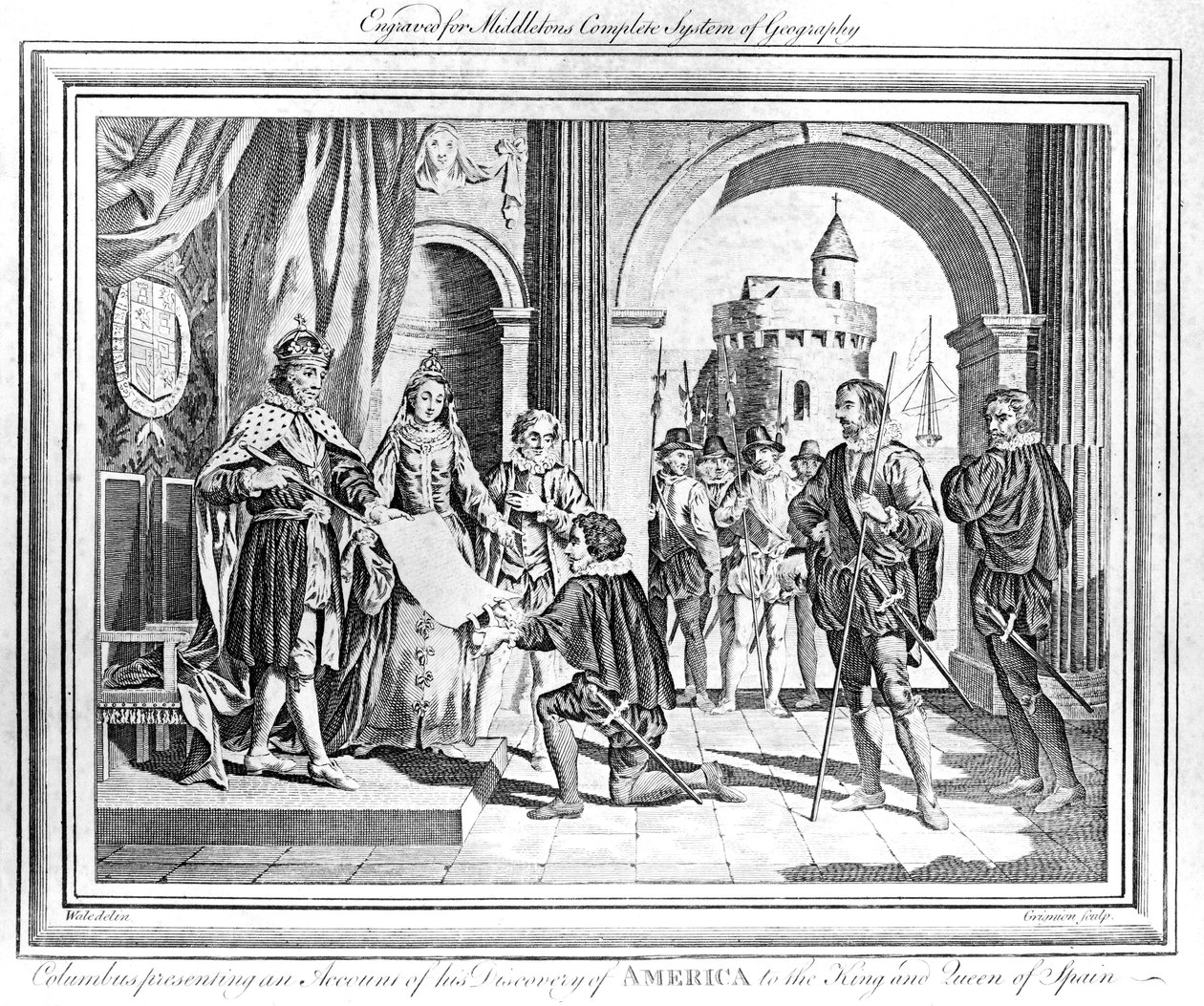 Kryštof Kolumbus (1451-1506) podává zprávu o svém objevení Ameriky španělskému králi a královně od Charles Grignion