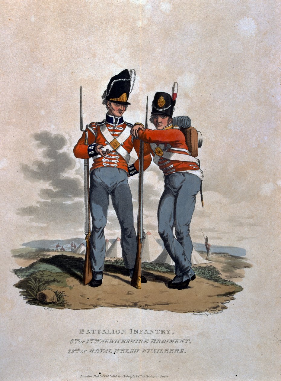 prapor pěchoty 6. pluku a 23. (neboli královského velšského) střelců, z „Kostýmy armády Britského impéria, podle posledních předpisů z roku 1812“, vyryl J.C. Stadler, vydal C. od Charles Hamilton Smith