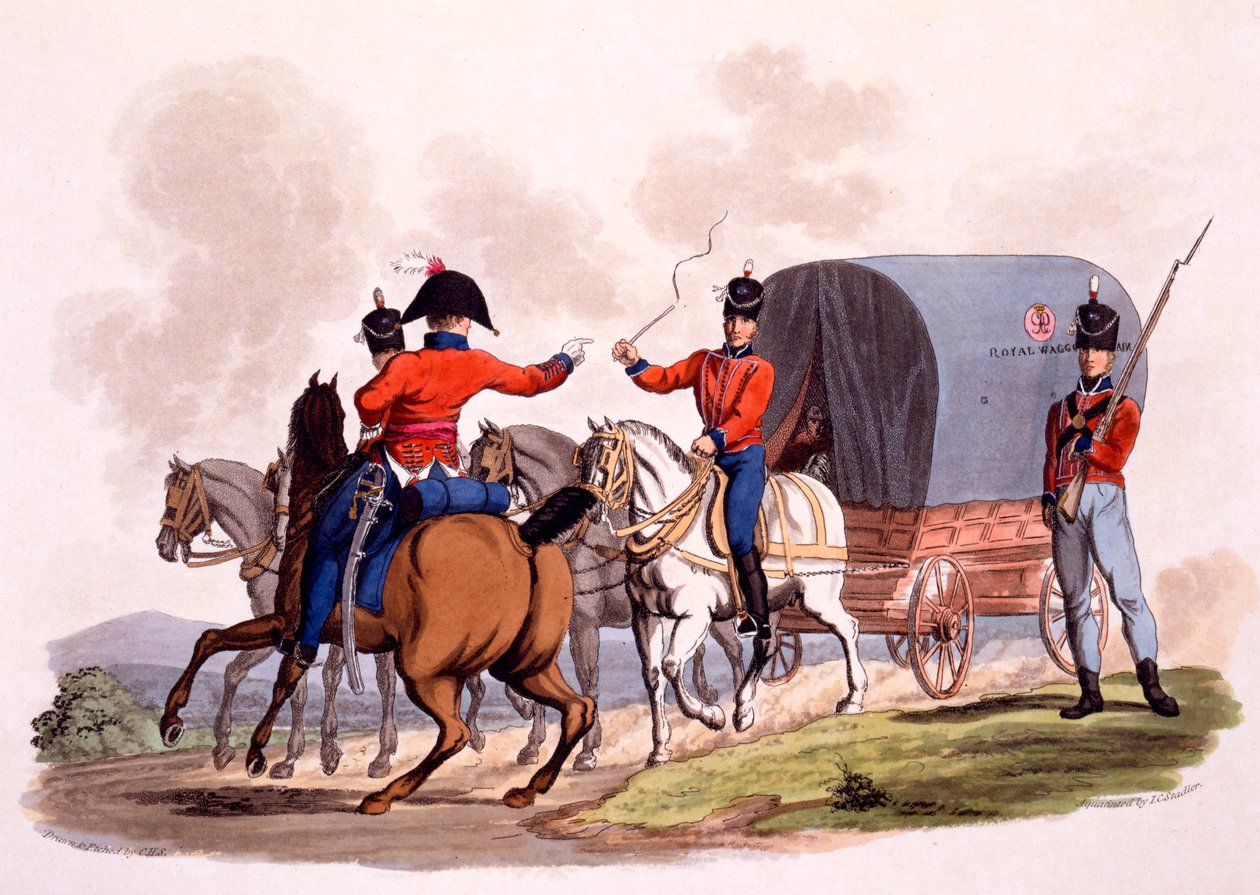 Uniforma důstojníka, vojína a řidiče královského vozového vlaku, z knihy "Costume of the British Empire, according to the Last Regulations", vydané v letech 1812-15 (ručně kolorovaná akvatinta) od Charles Hamilton Smith
