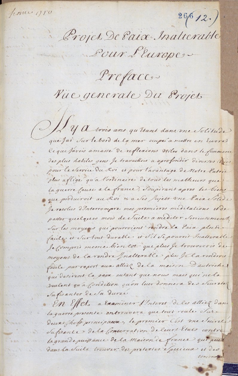 Předmluva k Projet de Paix Inalterable pour lEurope (Projekt pro nezměnitelný mír v Evropě) c.1710-13 (pero a inkoust na papíře) od Charles Irenee Castel, Abbe de Saint Pierre