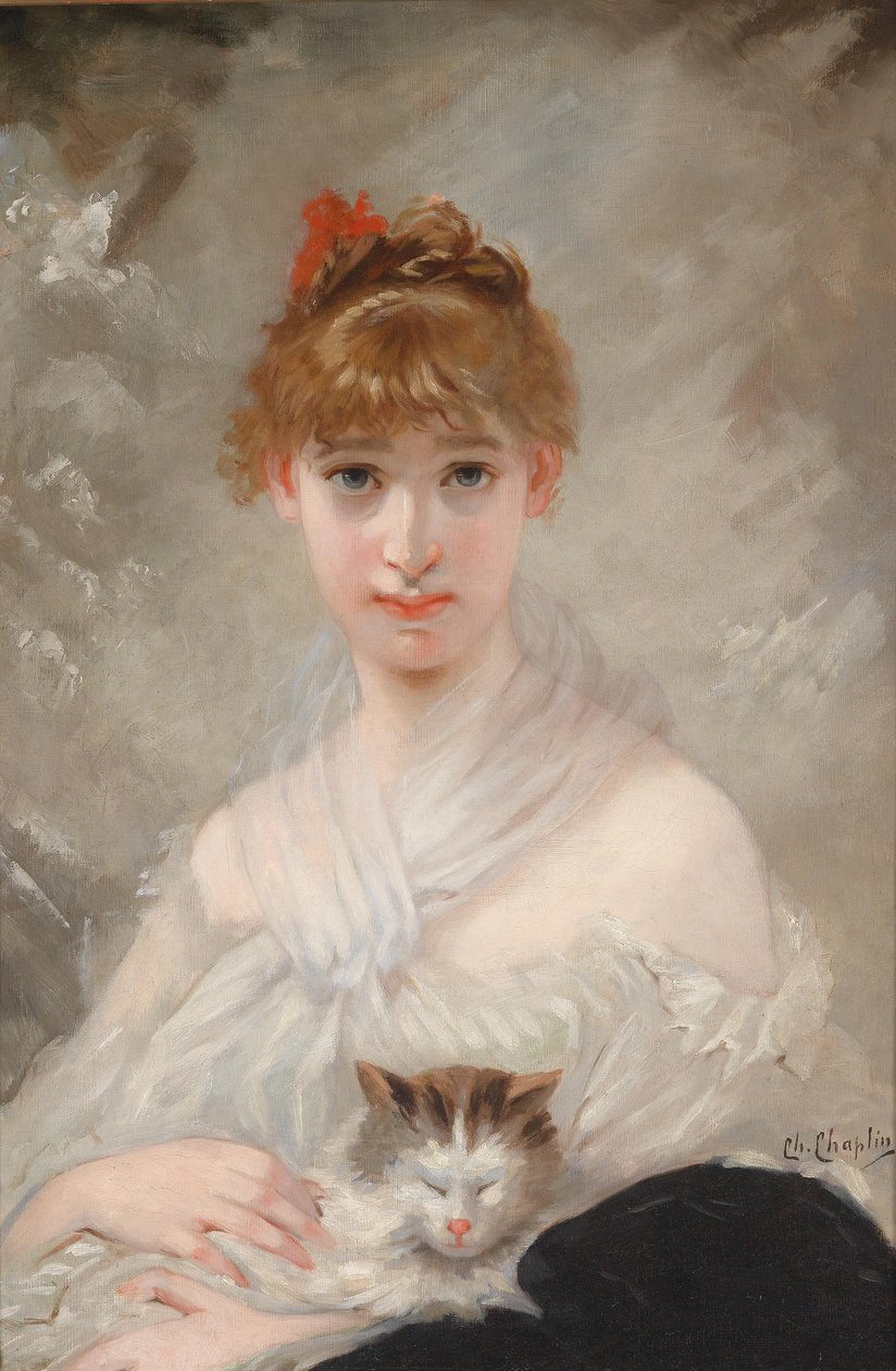 Dívka s bílým šátkem a kočkou v náručí od Charles Joshua Chaplin