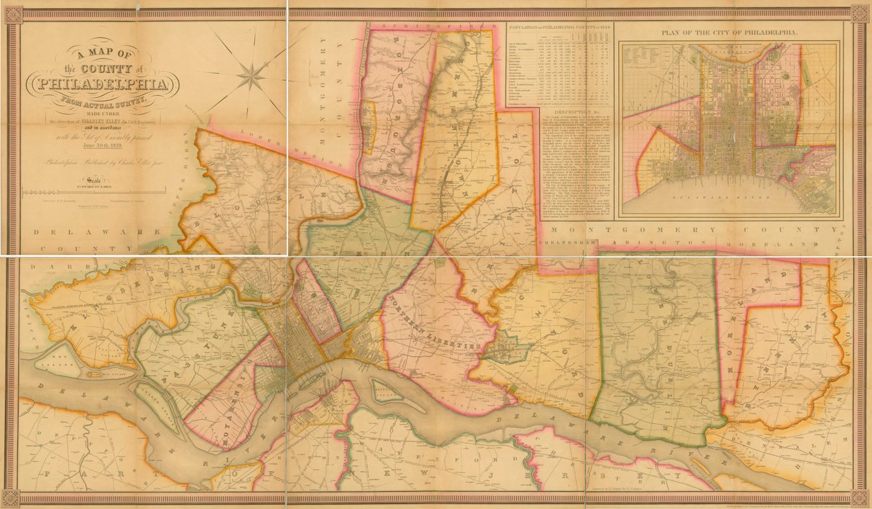 Mapa hrabství Filadelfie z roku 1843 (ručně kolorovaná rytina) od Charles Jr. Ellet
