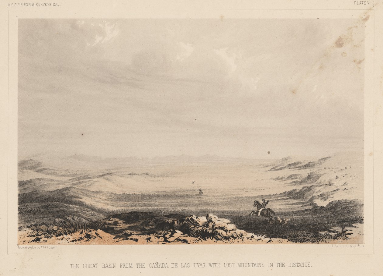 Velká pánev z Kanady de las Uvas se Ztracenými horami v dálce, litho od A. Hoena und Co., 1855 (chromolitho) od Charles Koppel