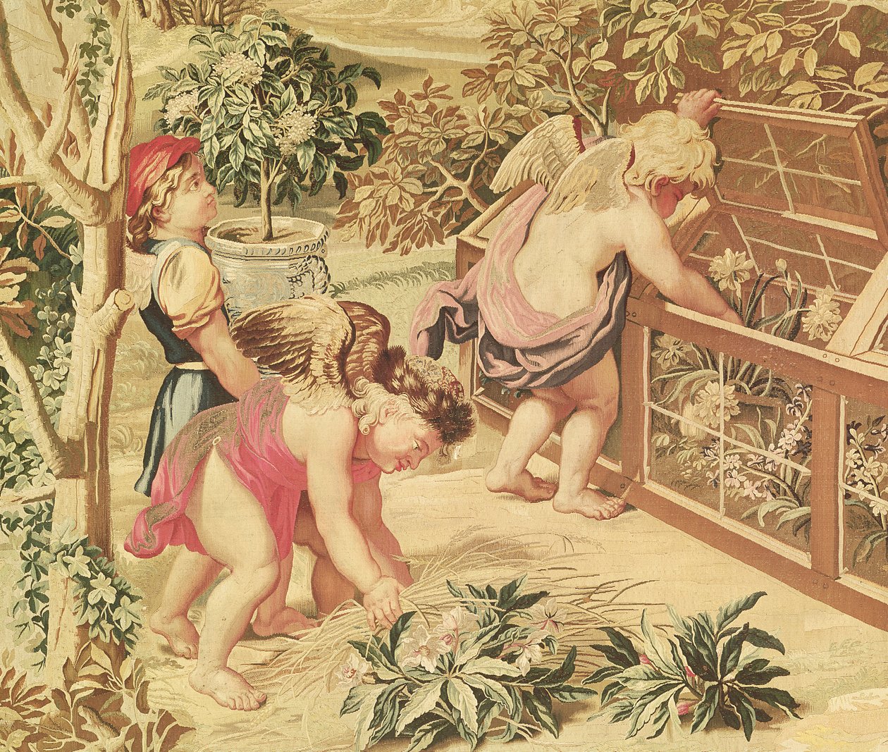 Dětské zahradnictví (podle karikatury od Le Brun), tkané v Atelier des Gobelins (vlněná tapisérie) od Charles Le Brun